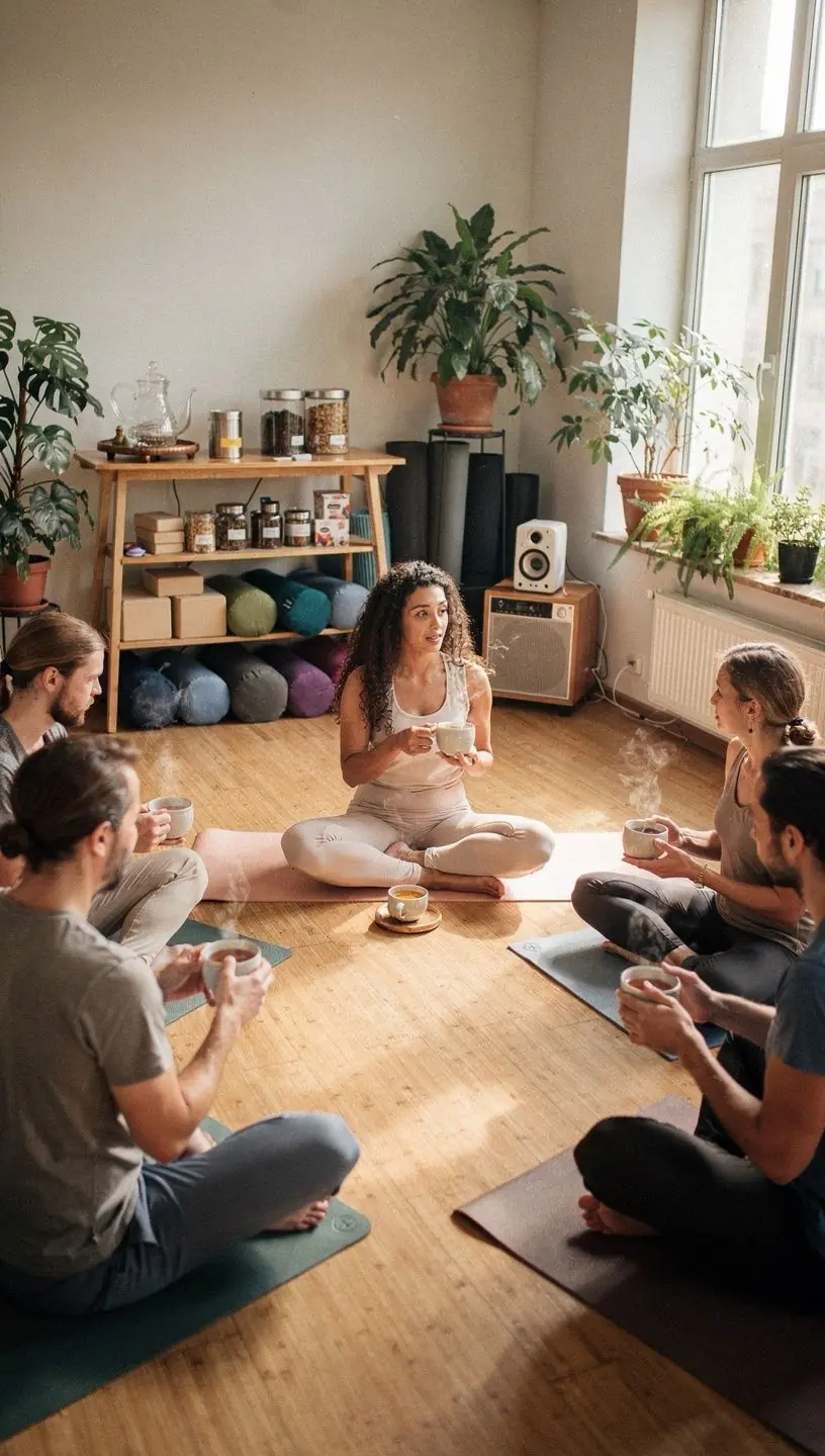 Ramus kambarys su šviesiu fonu, puikiai tinkančiu atsipalaidavimui ir gerovei per arbatos gėrimą.